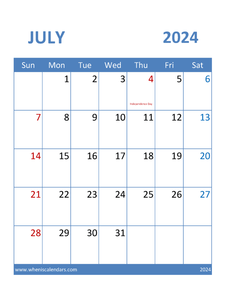 Free Printable 2024 July Calendar J74096