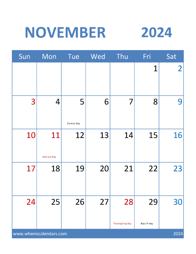 Download free November Calendar 2024 with Holidays printable A4 in Vertical Portrait