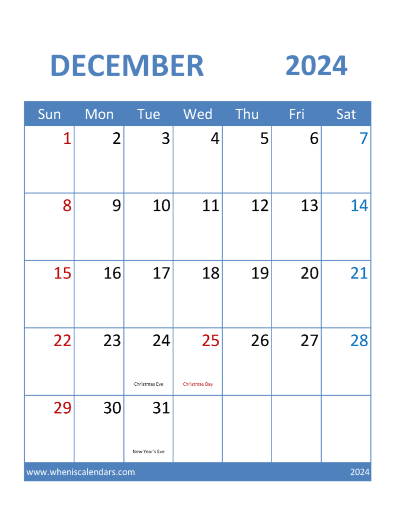 Download free December Calendar 2024 with Holidays printable A4 in Vertical Portrait