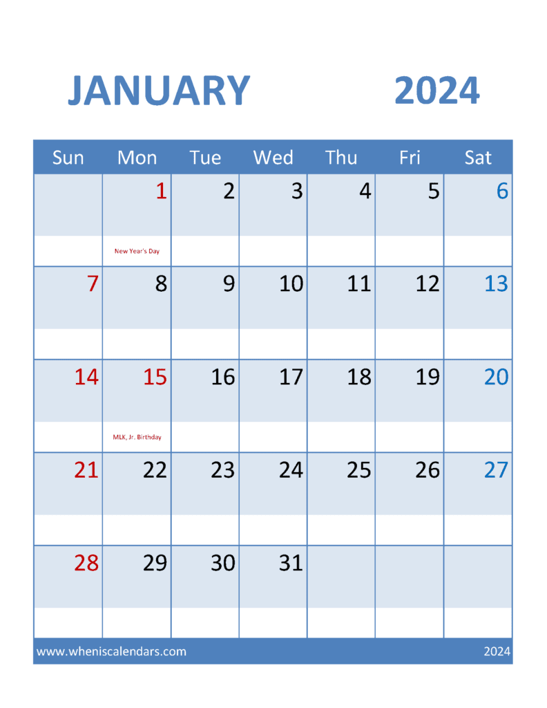 Jan 2024 print Calendar Monthly Calendar