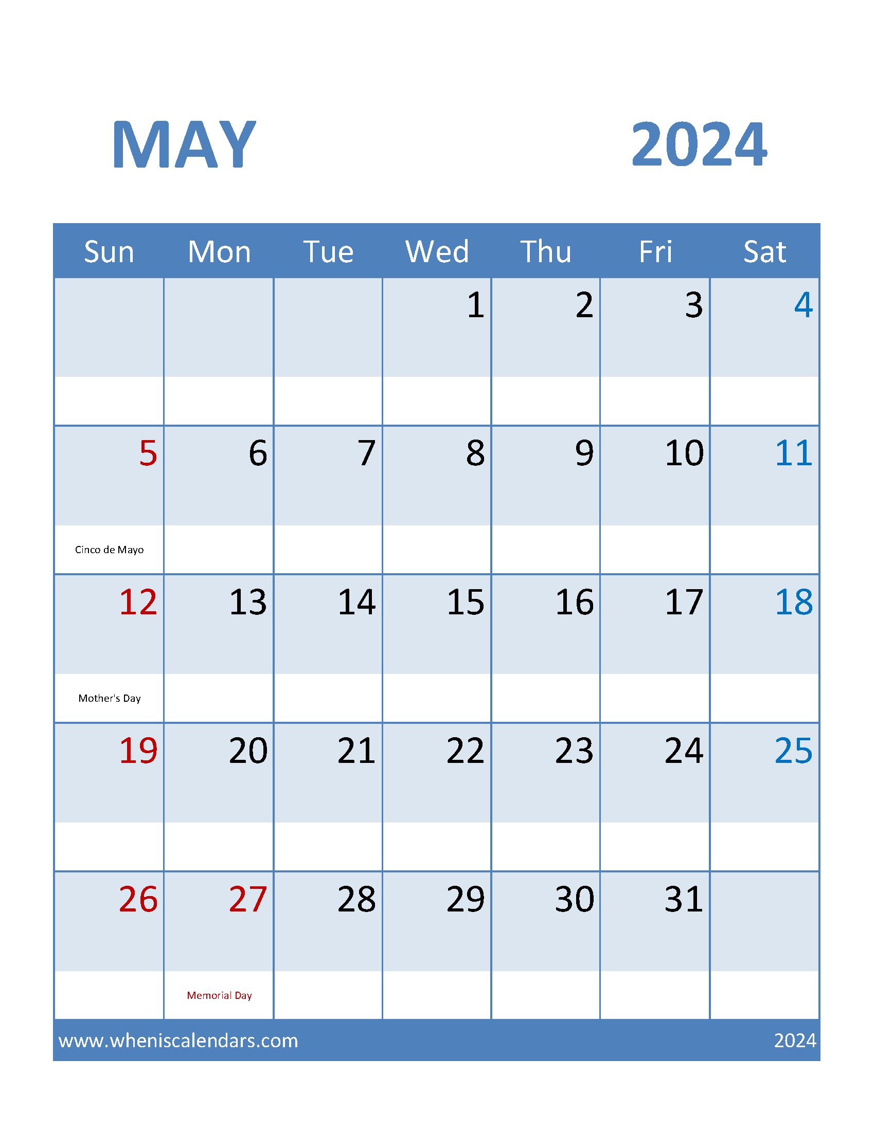 May 2024 print Calendar Monthly Calendar
