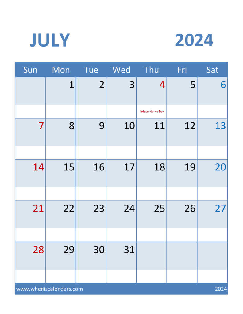 Jul 2024 Calendar excel J74097