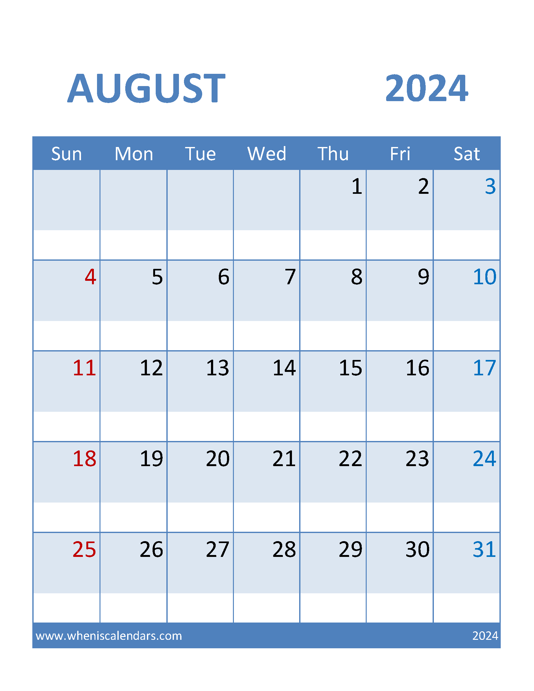 Aug 2024 print Calendar Monthly Calendar