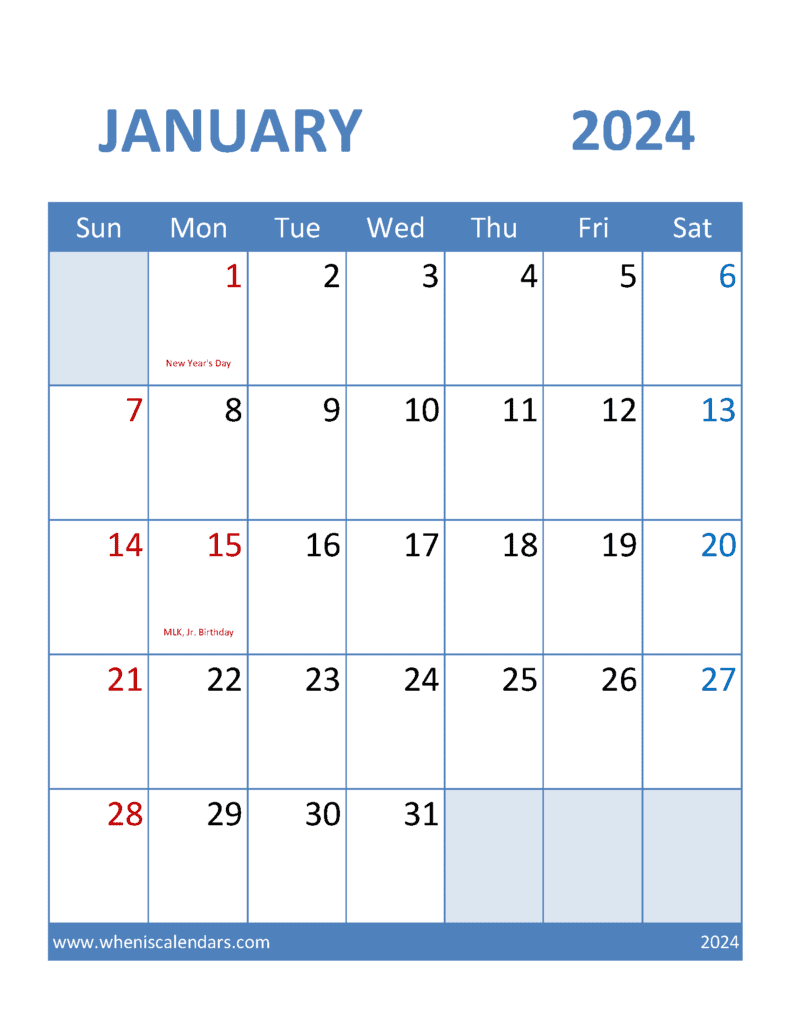 Calendar Printable January 2024 Monthly Calendar