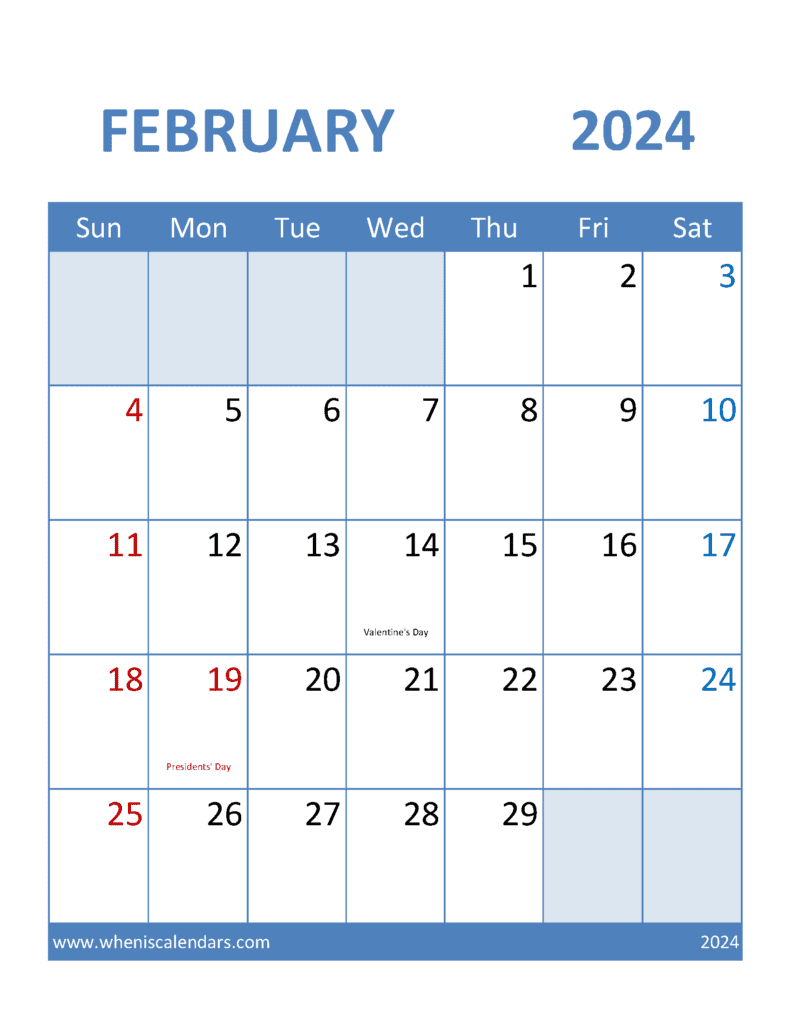 Download Calendar Printable February 2024 Letter Vertical F4378