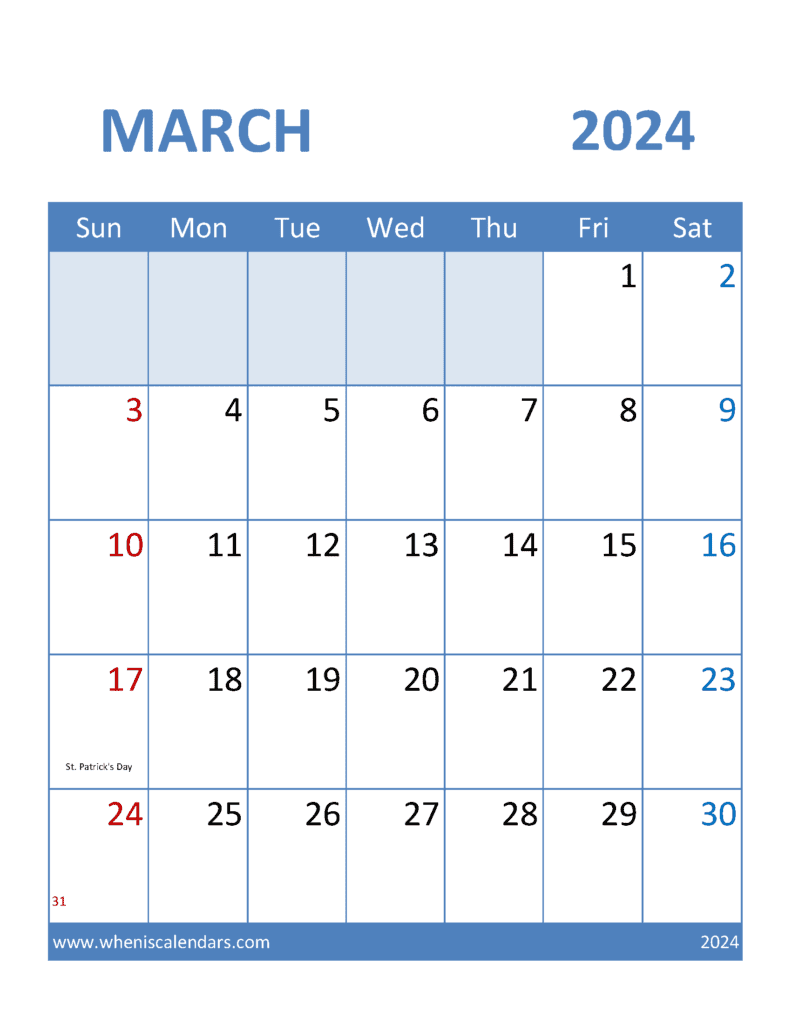 Blank Calendar March 2024 Printable M34098