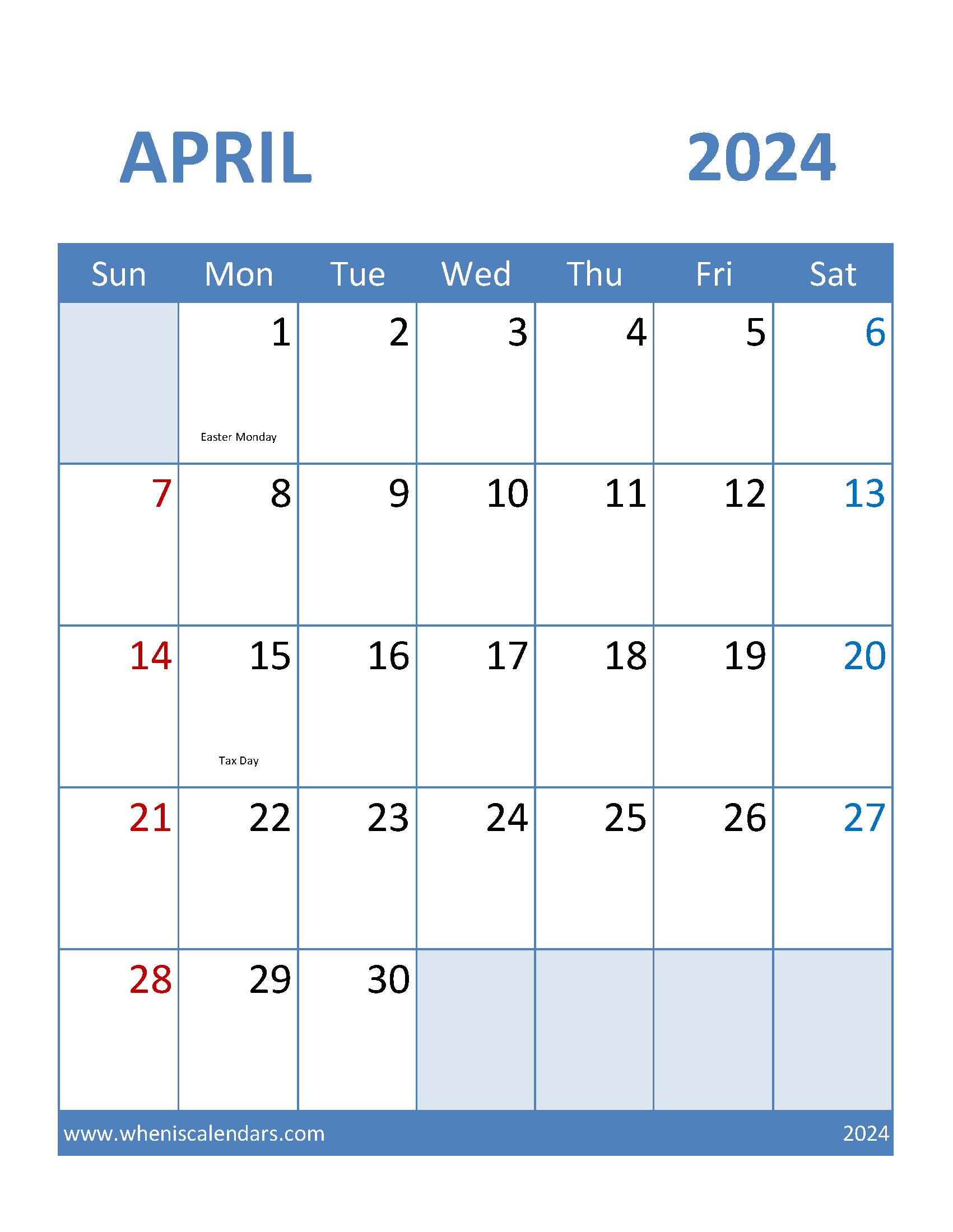 Calendar Printable April 2024 Monthly Calendar
