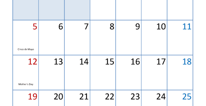 Blank Calendar May 2024 printable M54098