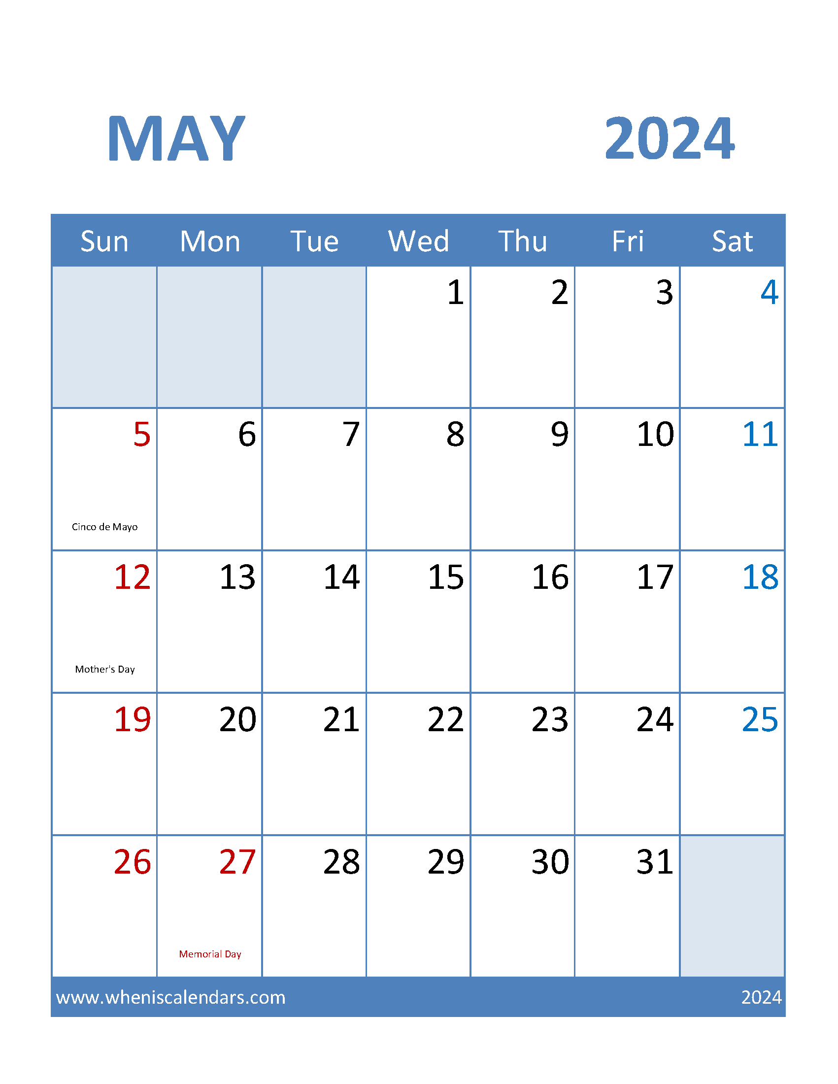 Calendar Printable May 2024 Monthly Calendar