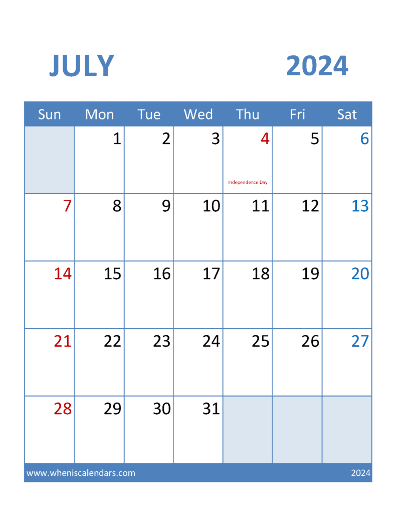 Blank Calendar July 2024 Printable J74098