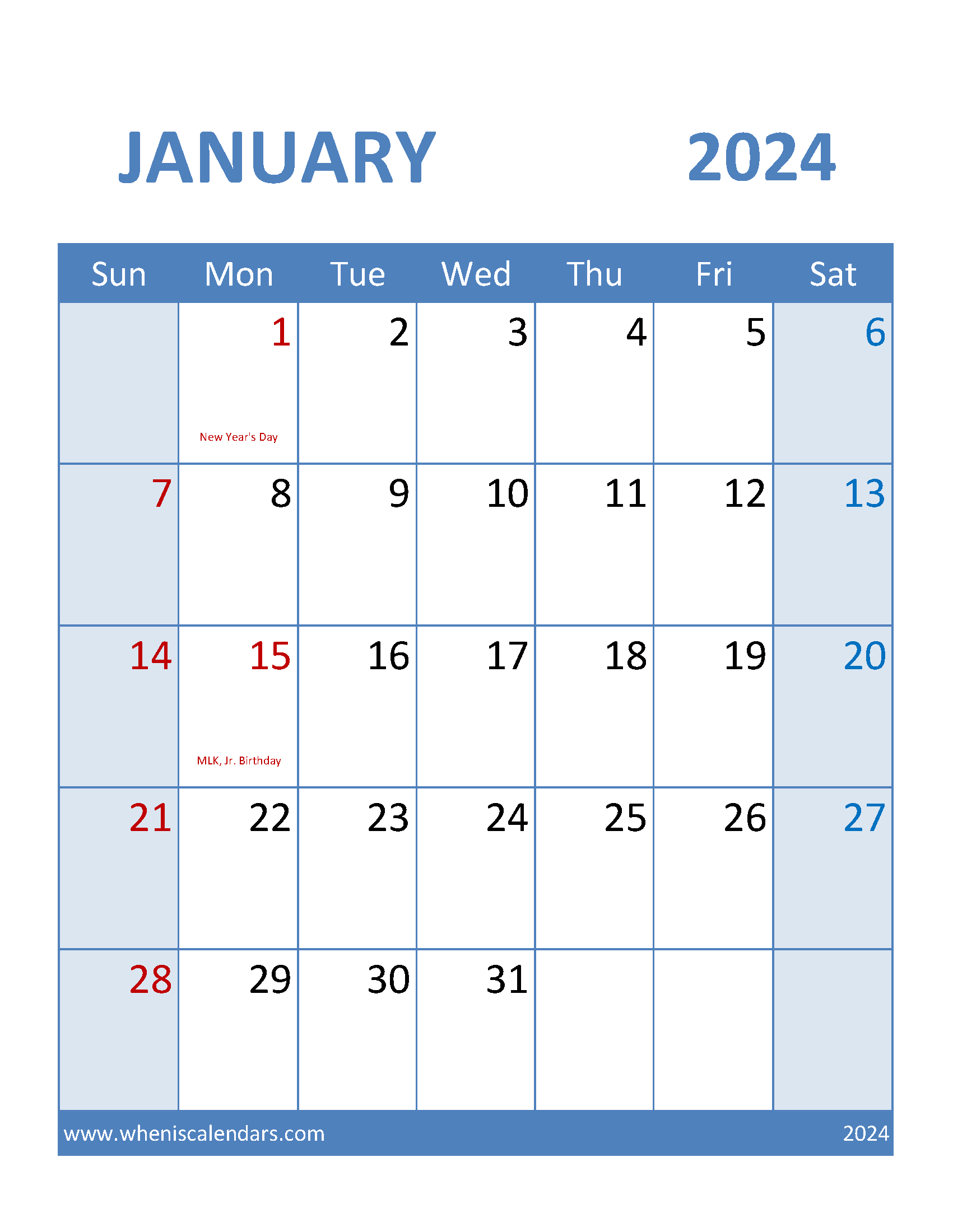 Calendar Template January 2024 editable Monthly Calendar