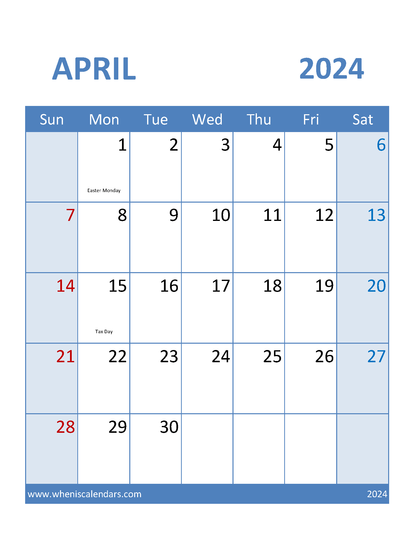 Calendar Template April 2024 editable Monthly Calendar