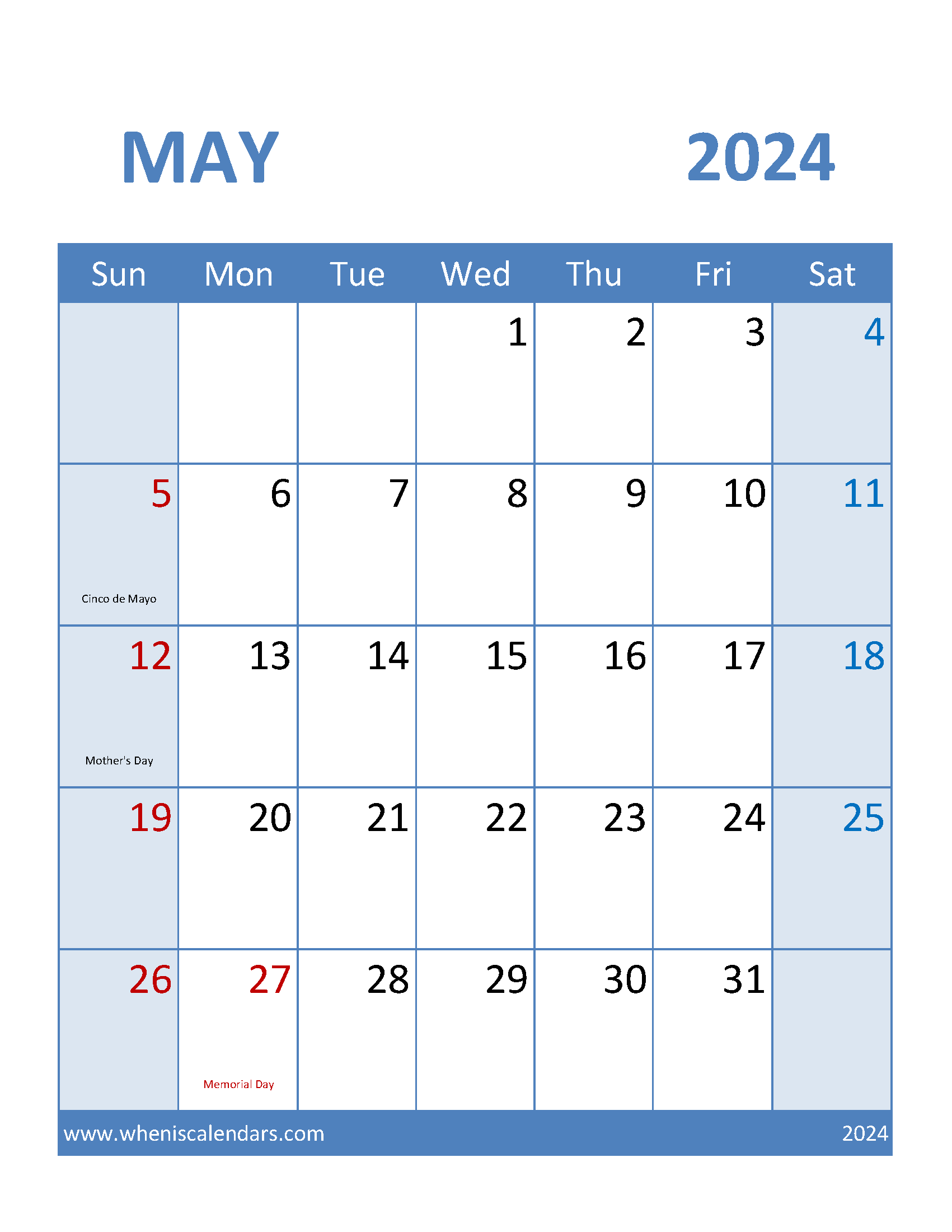 Calendar Template May 2024 editable Monthly Calendar