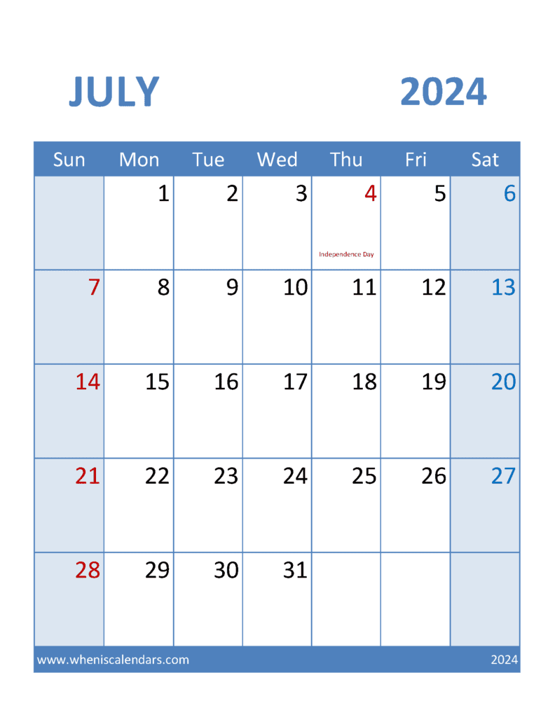 Free Printable monthly Calendar July 2024 J74099
