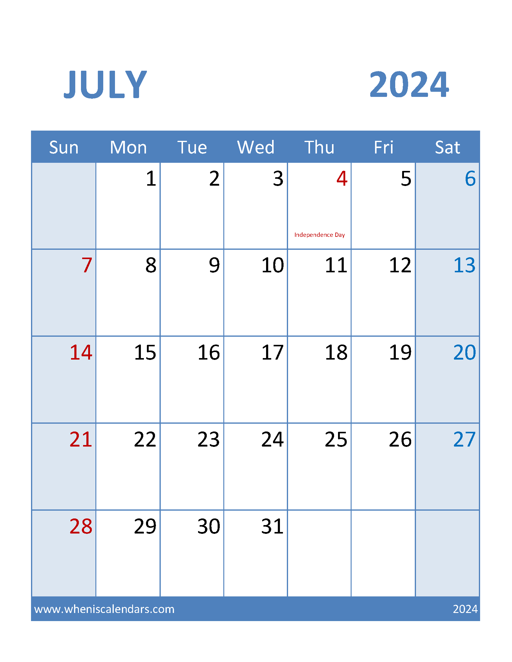 Calendar Template July 2024 editable Monthly Calendar