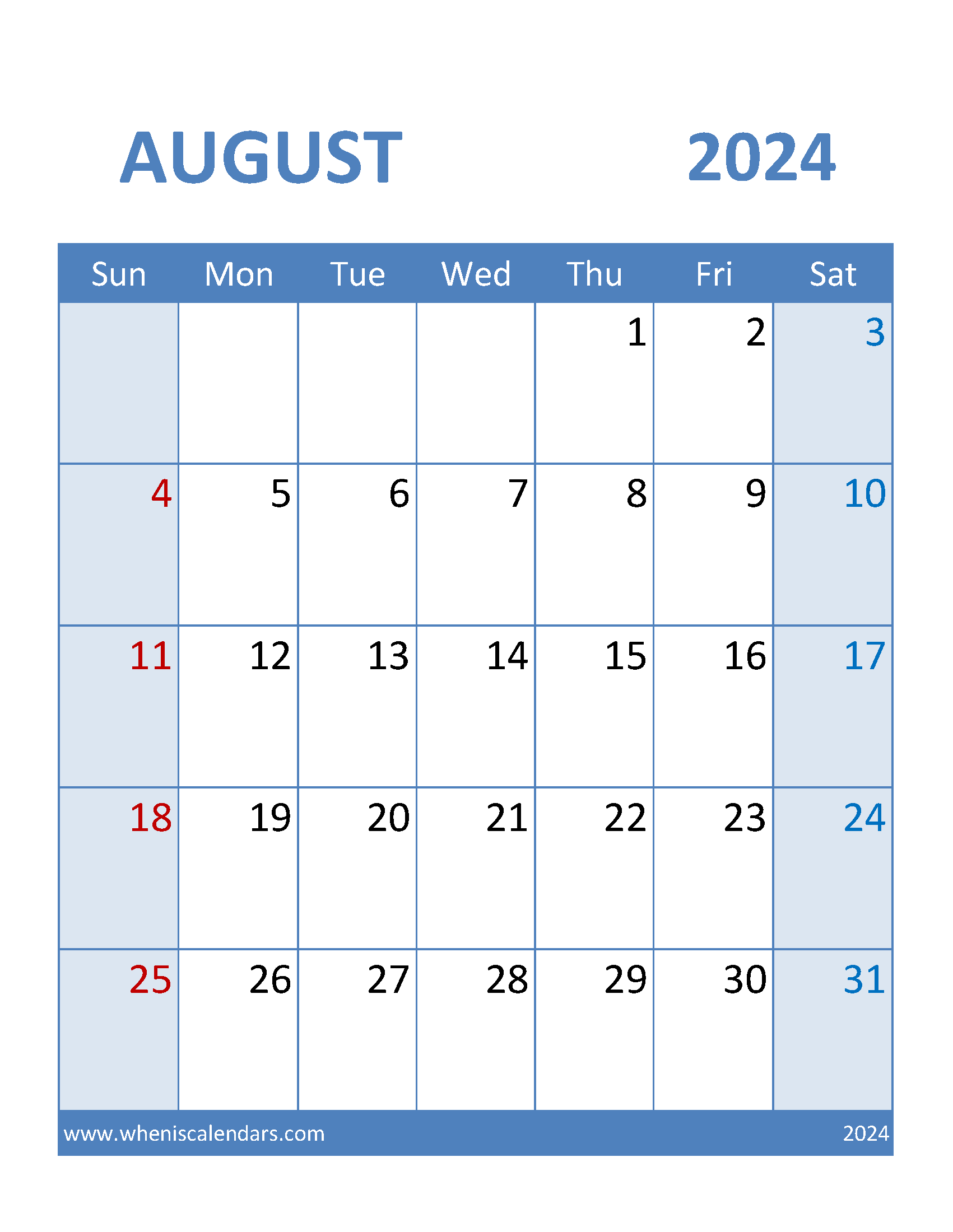 Calendar Template August 2024 editable Monthly Calendar