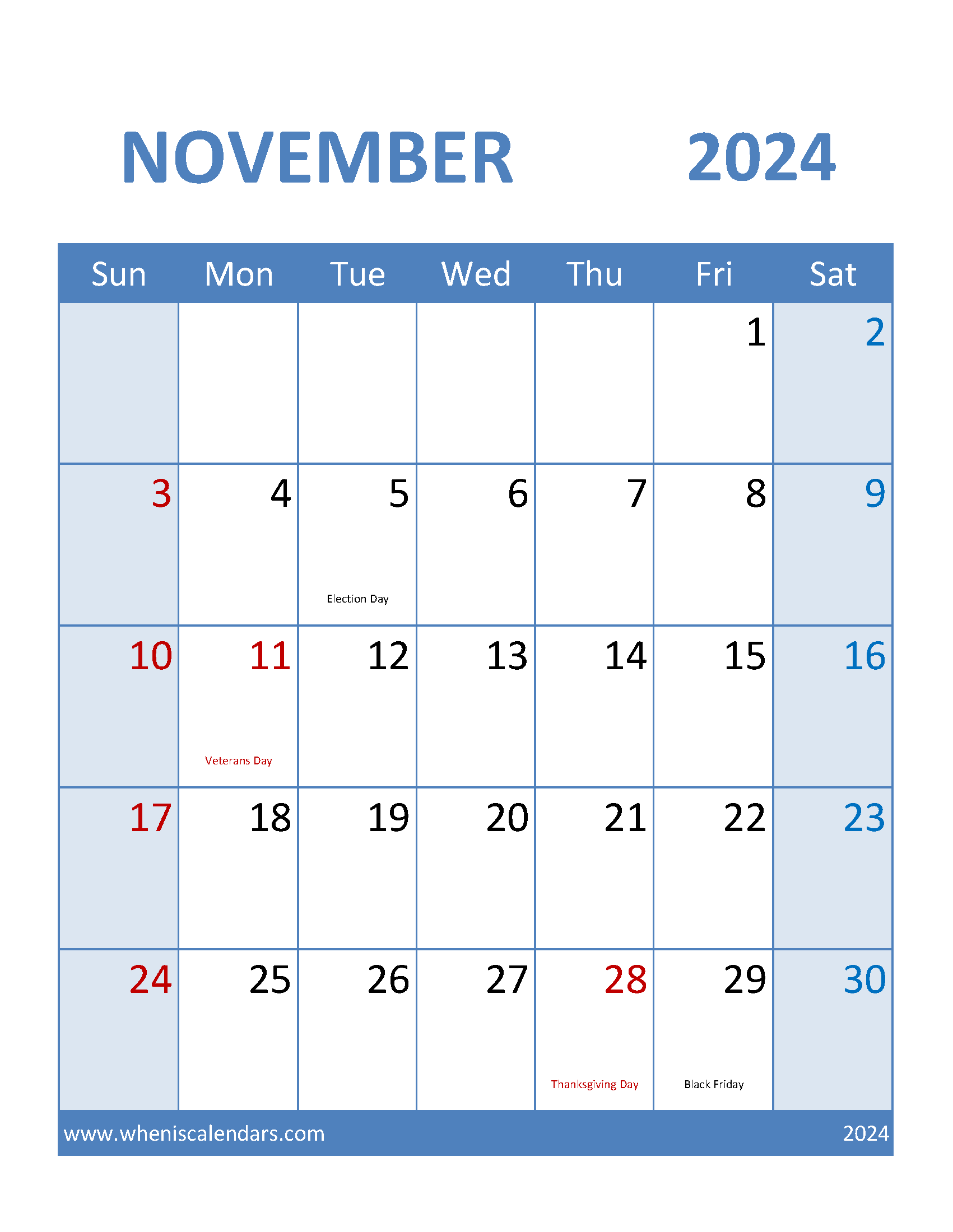 Calendar Template November 2024 editable Monthly Calendar
