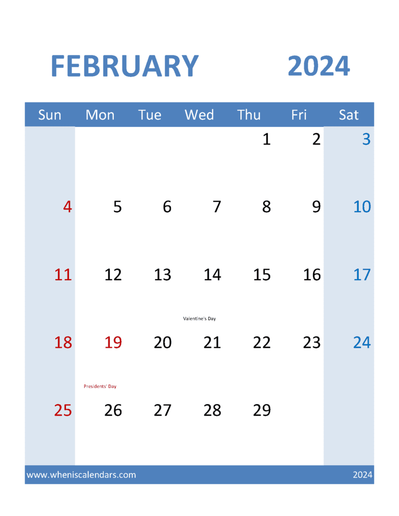 Download Calendar Free Printable February 2024 Letter Vertical F4380