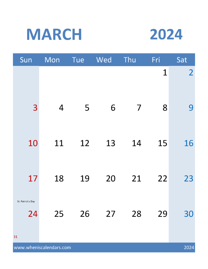 Mar 2024 Blank Calendar Monthly Calendar