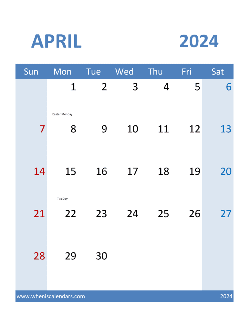 Calendar Free printable April 2024 A44380