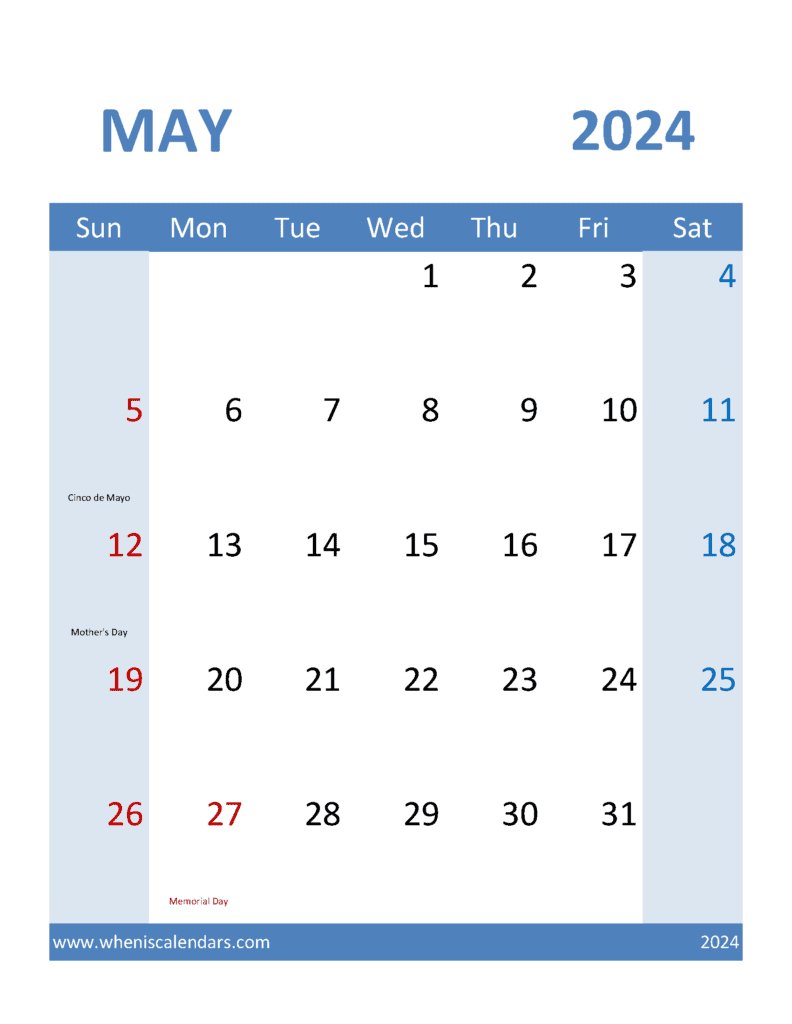Calendar Free printable May 2024 M54380