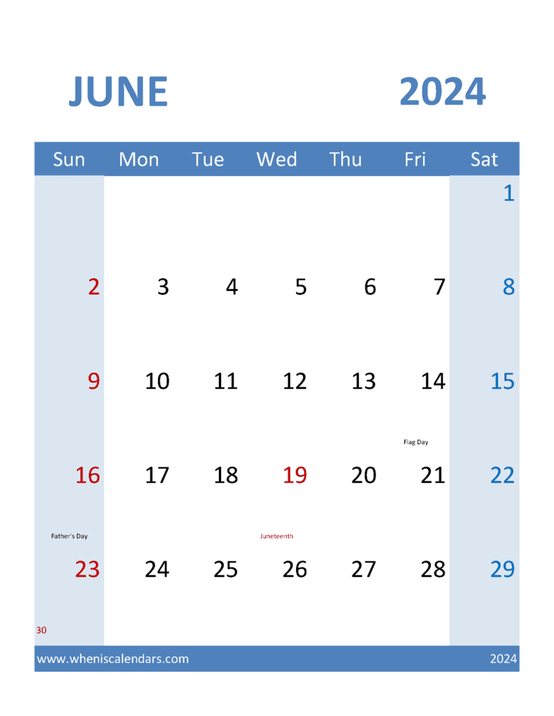 Download Calendar Free Printable June 2024 Letter Vertical J64380