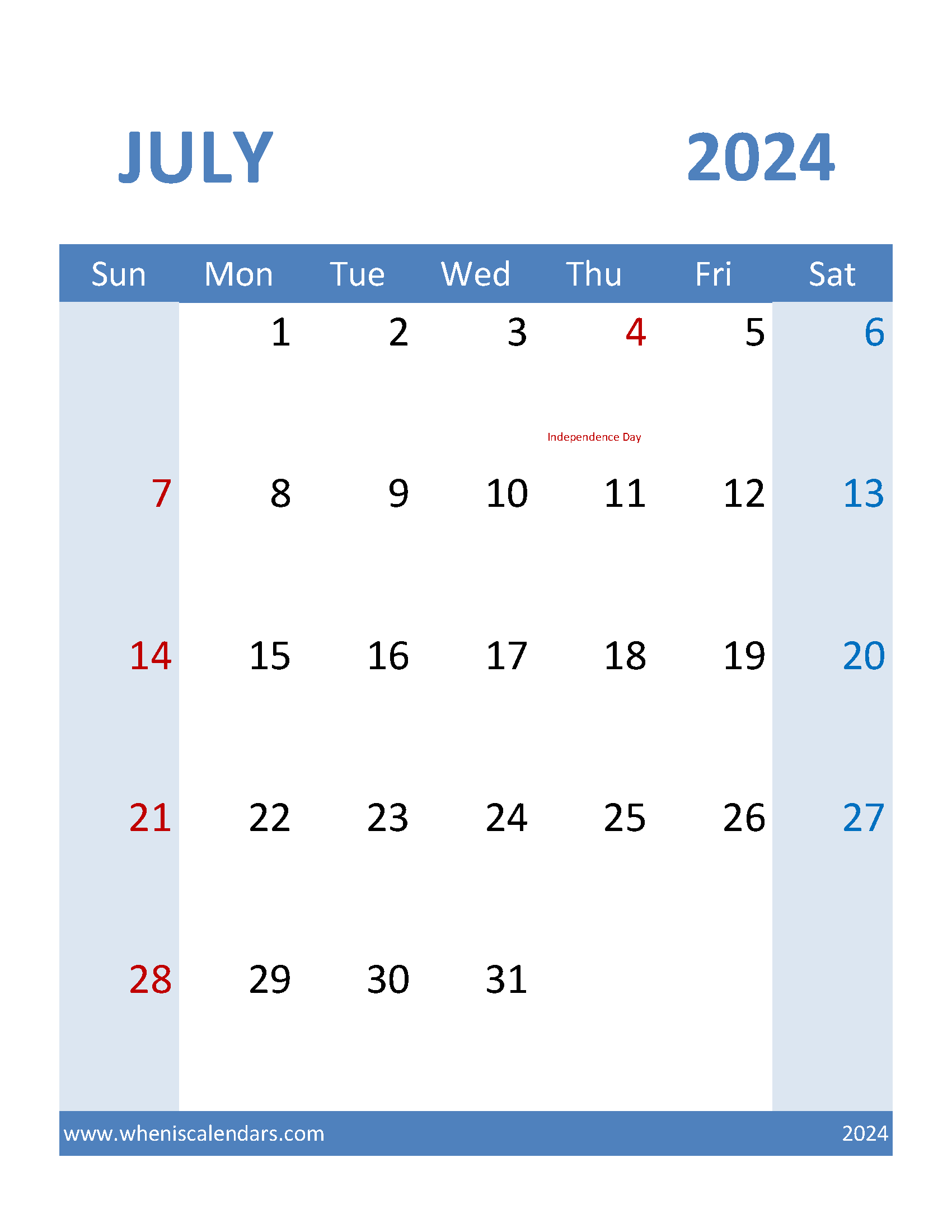 Calendar Free Printable July 2024 Monthly Calendar