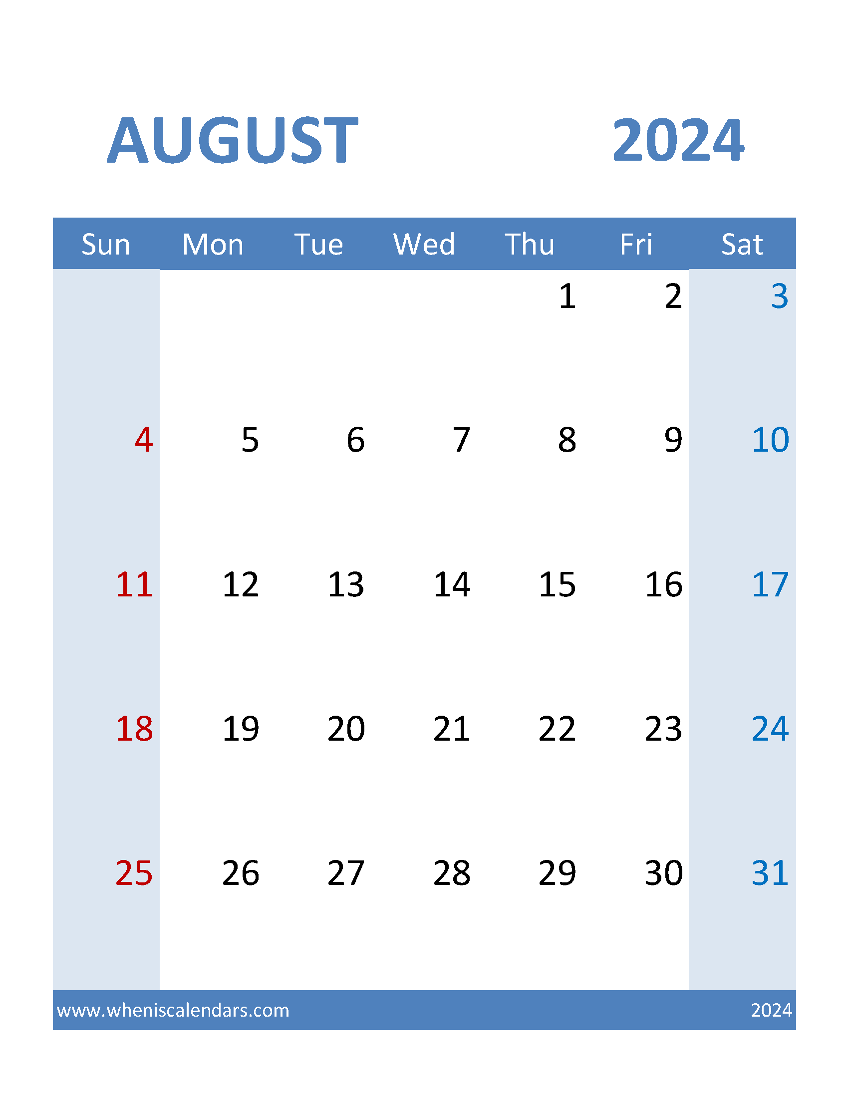 Calendar Free Printable August 2024 Monthly Calendar