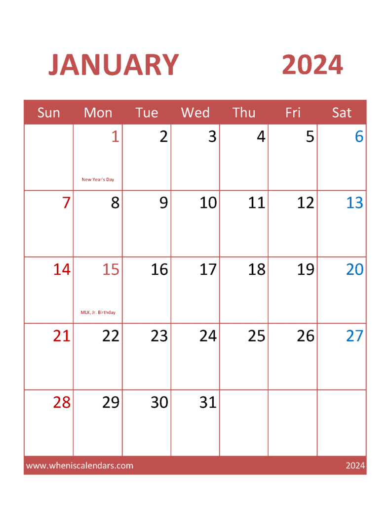 Free Printable Calendar pages January 2024 Monthly Calendar