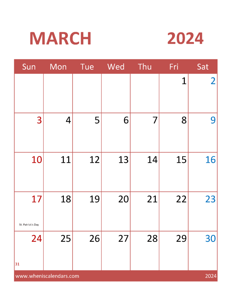Download Free Printable Calendar pages March 2024 Letter Vertical M34381