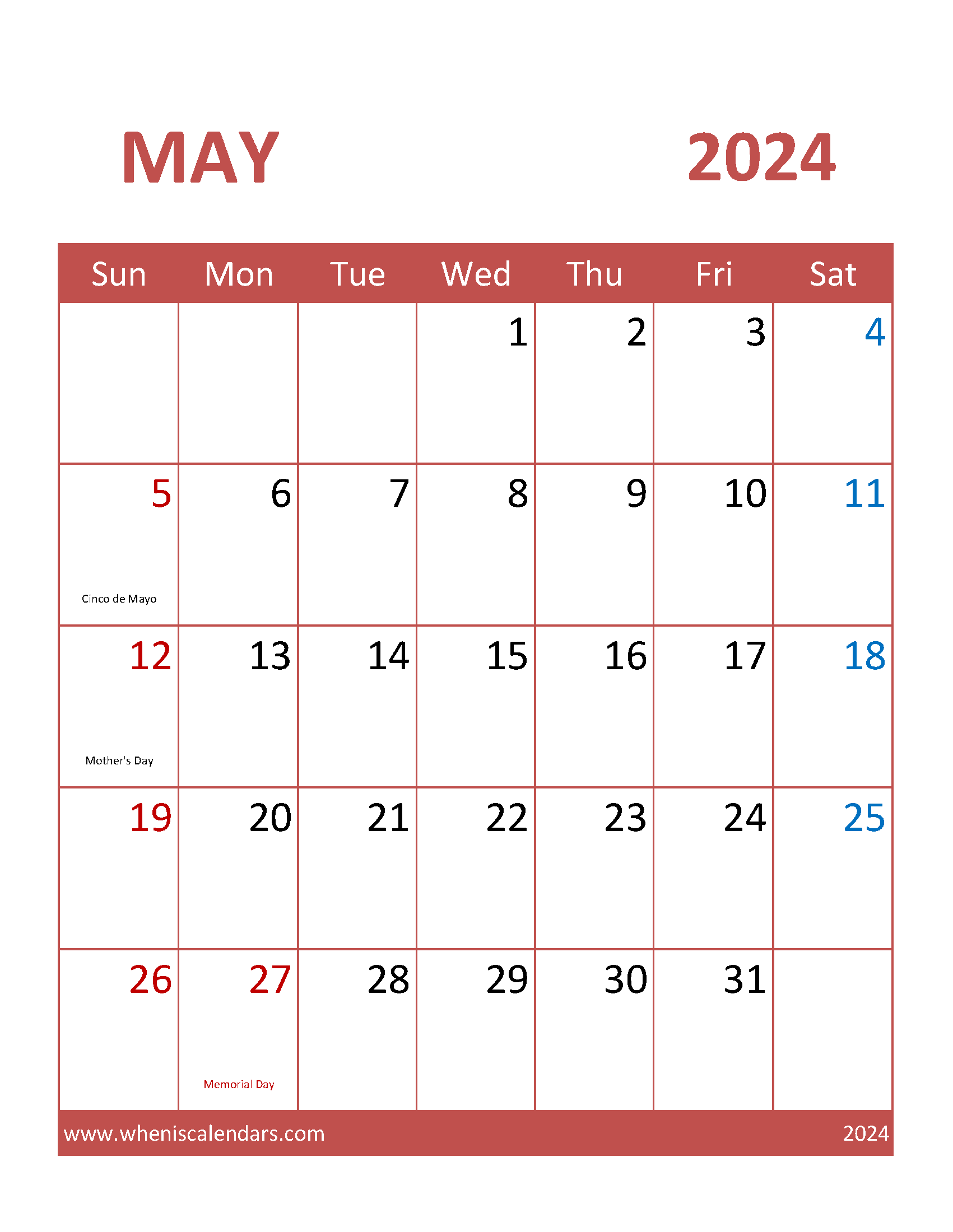 Free Printable Calendar pages May 2024 Monthly Calendar