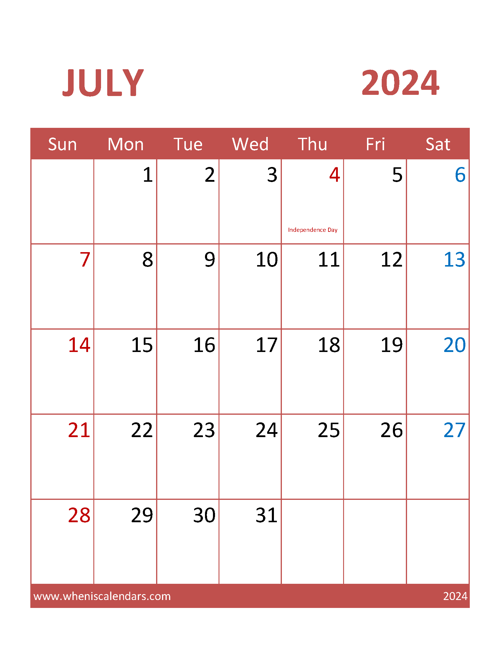 Free Printable Calendar pages July 2024 Monthly Calendar
