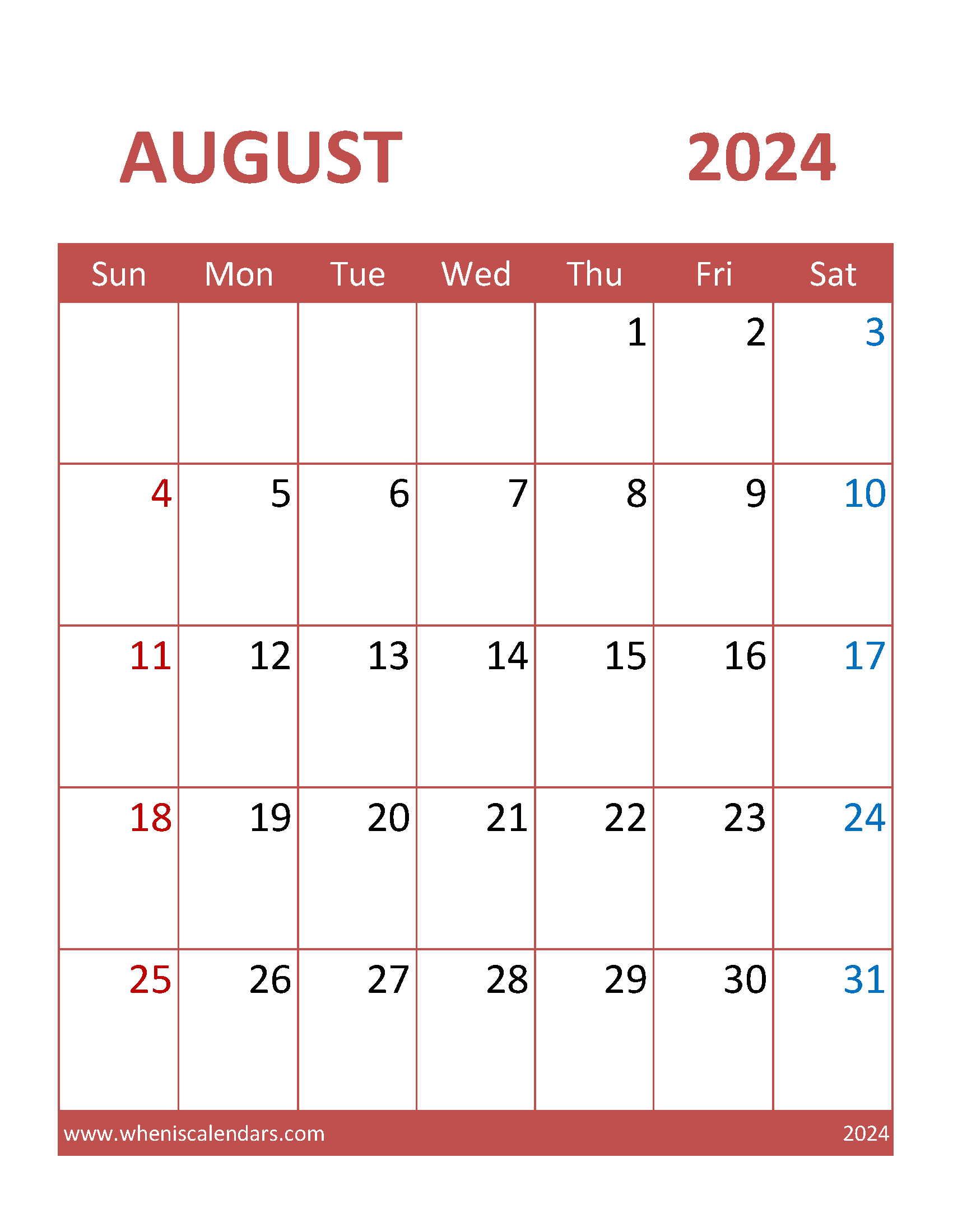 Free Printable Calendar pages August 2024 Monthly Calendar