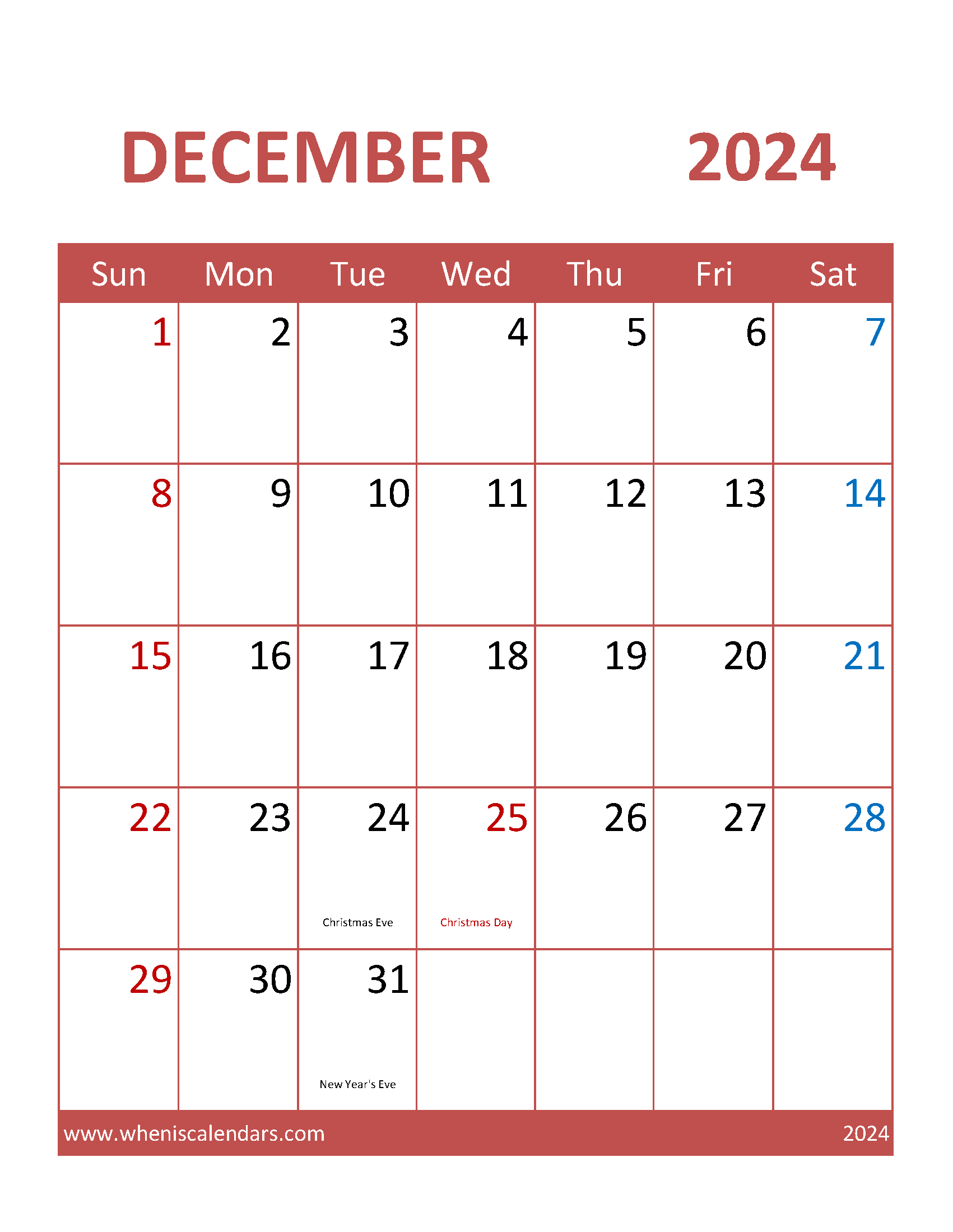 Free Printable Calendar pages December 2024 Monthly Calendar