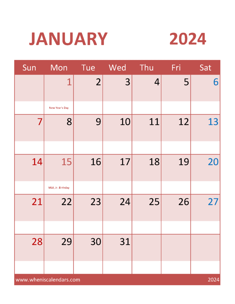 Printable Calendar Free January 2024 Monthly Calendar