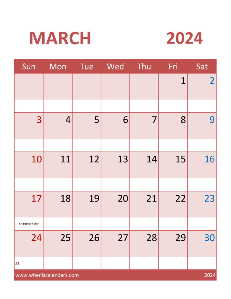 March Calendar 2024 Template Monthly Calendar