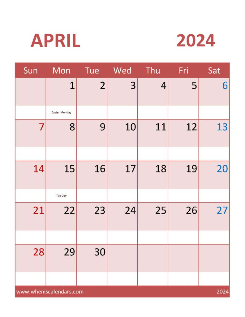 printable Calendar Free April 2024 A44382