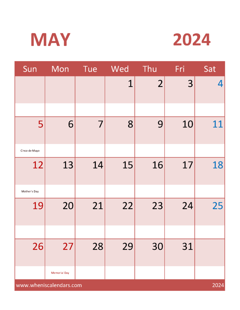 Download free May Calendar 2024 with Holidays printable A4 in Vertical Portrait