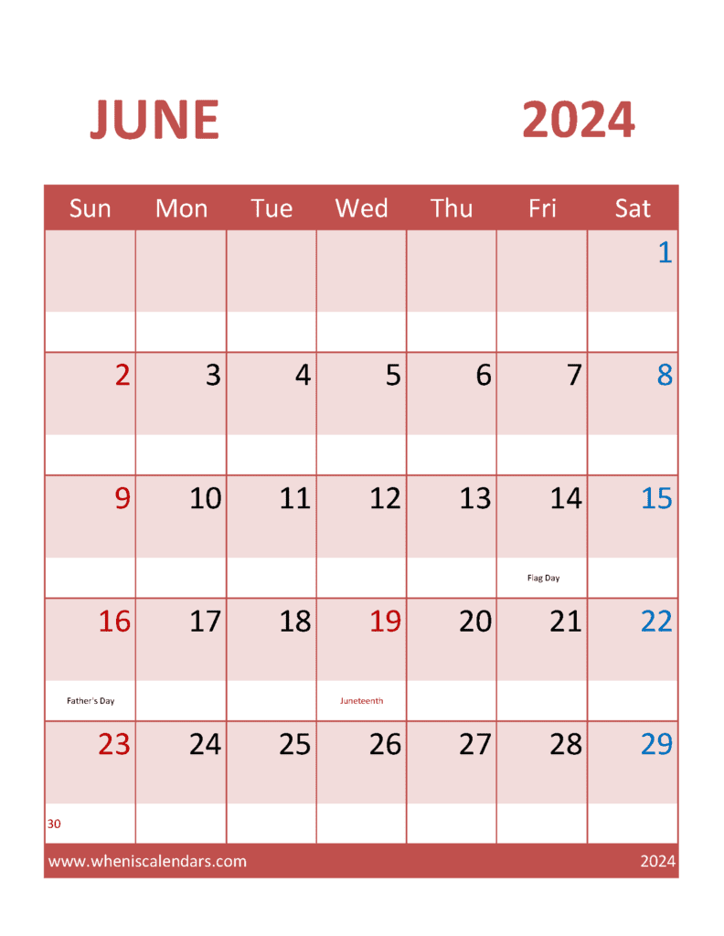 Download free June Calendar 2024 with Holidays printable A4 in Vertical Portrait