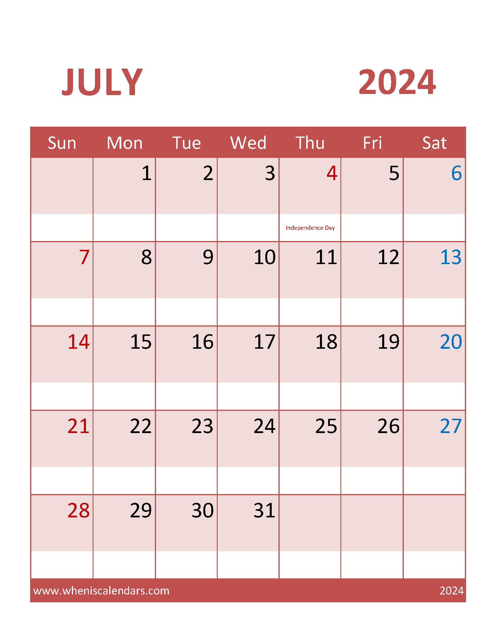 Printable Calendar Free July 2024 Monthly Calendar