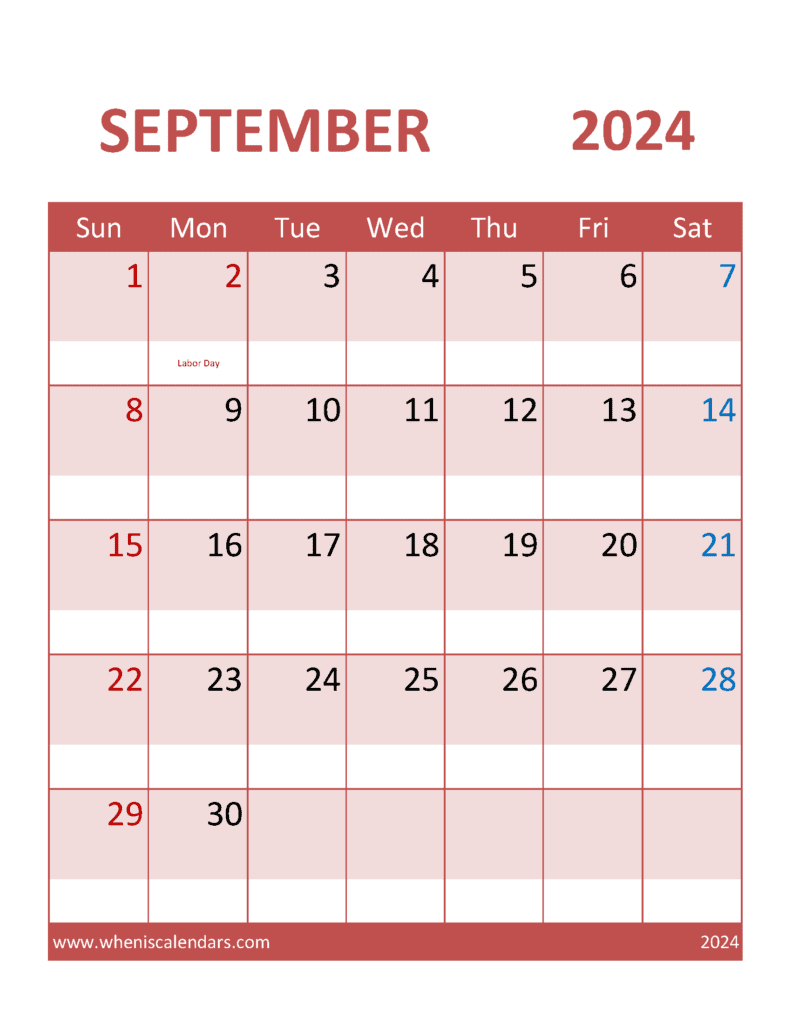 Download free September Calendar 2024 with Holidays printable A4 in Vertical Portrait