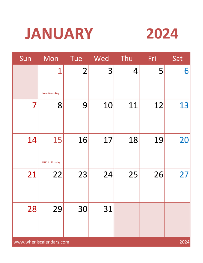 Free Calendar Template 2024 January Monthly Calendar