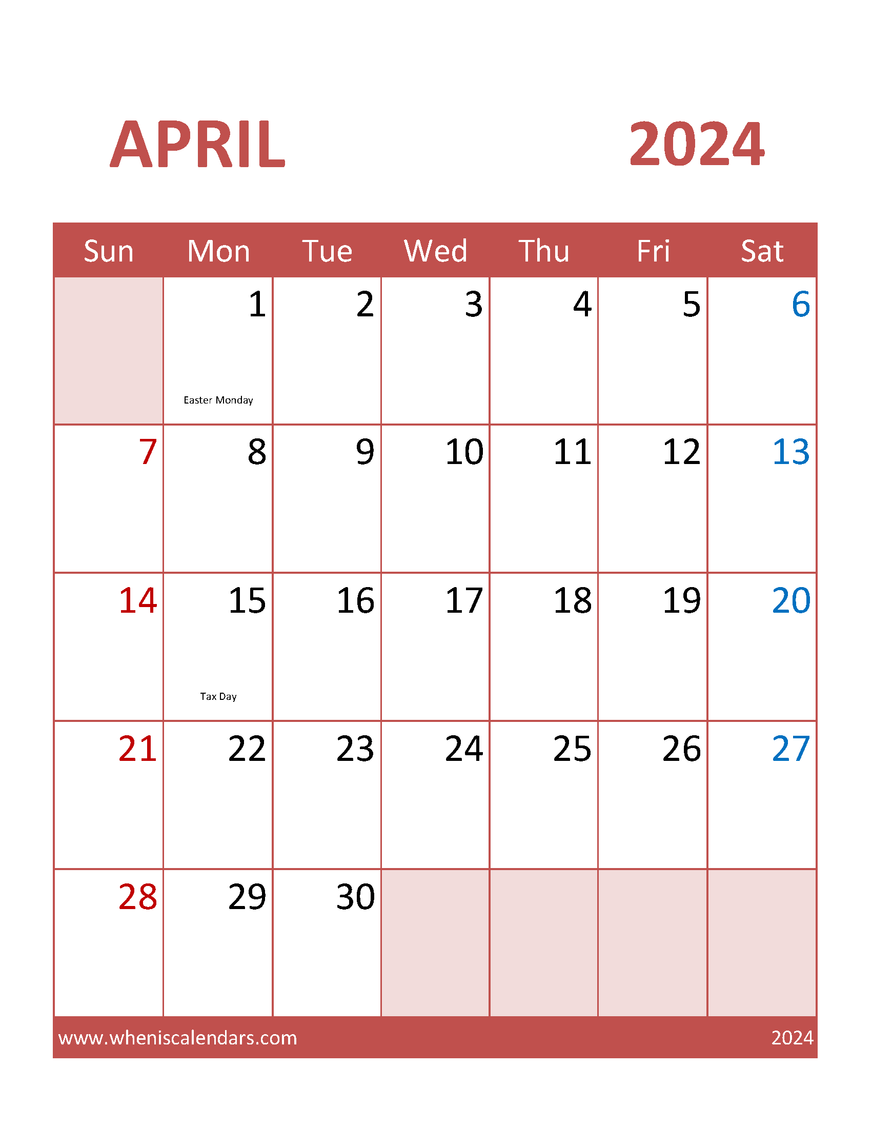Free Calendar Template 2024 April Monthly Calendar