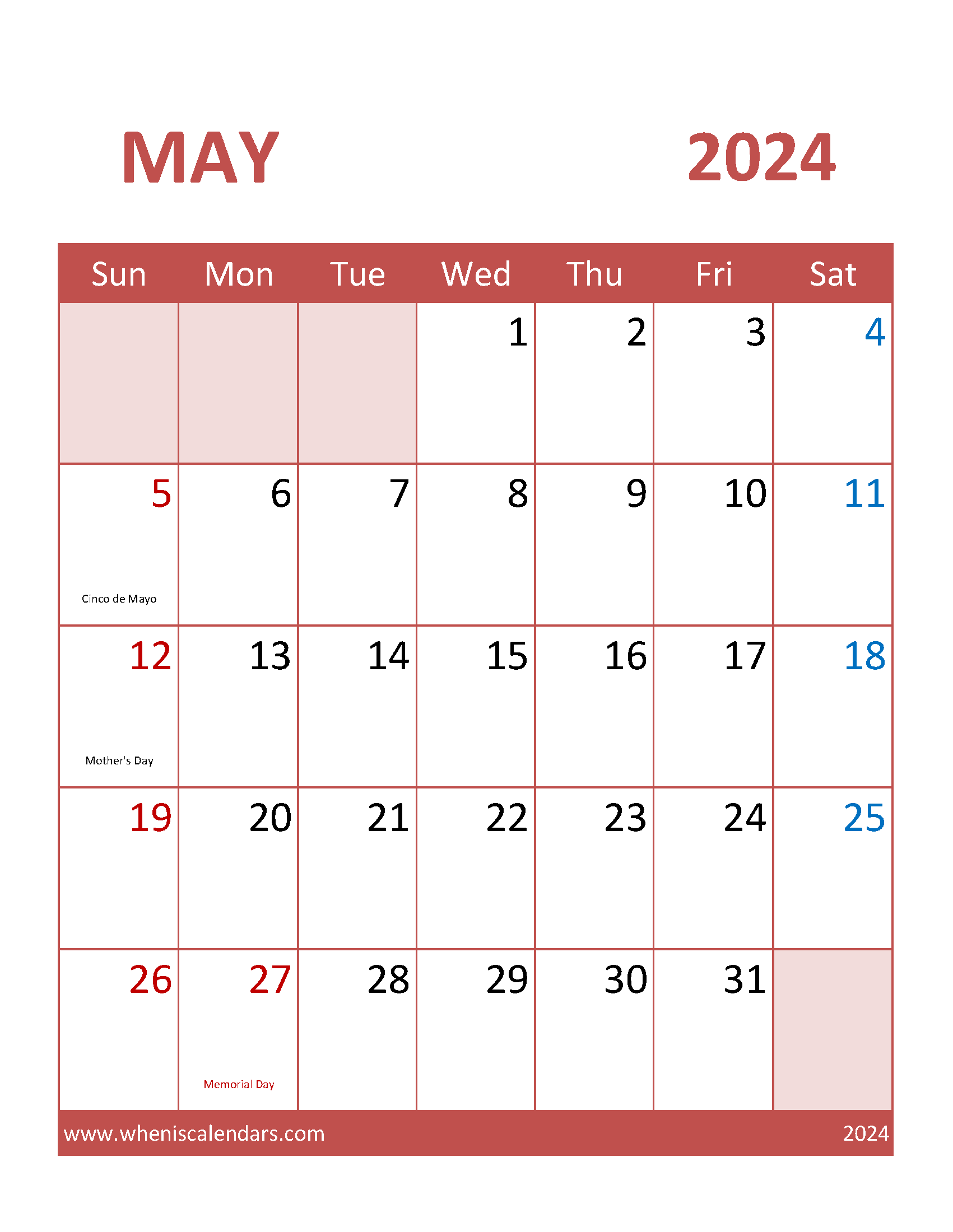 Free Calendar Template 2024 May Monthly Calendar