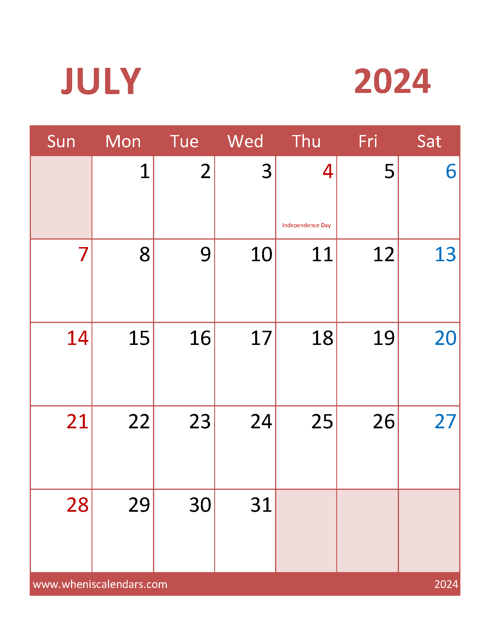 Free Calendar Template 2024 July Monthly Calendar