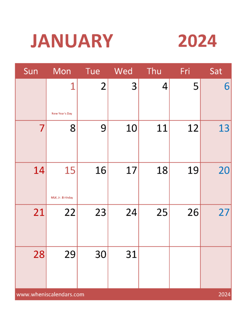 print Jan 2024 Calendar Monthly Calendar