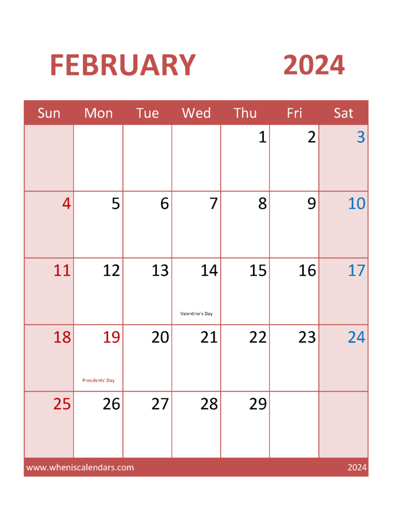 Download Free February 2024 Calendar editable Letter Vertical F4384