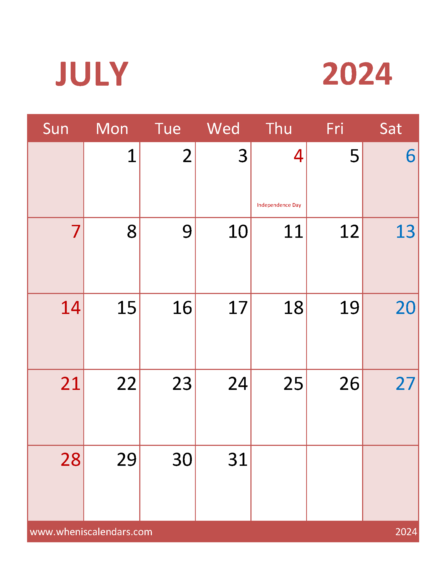 Free July 2024 Calendar editable Monthly Calendar