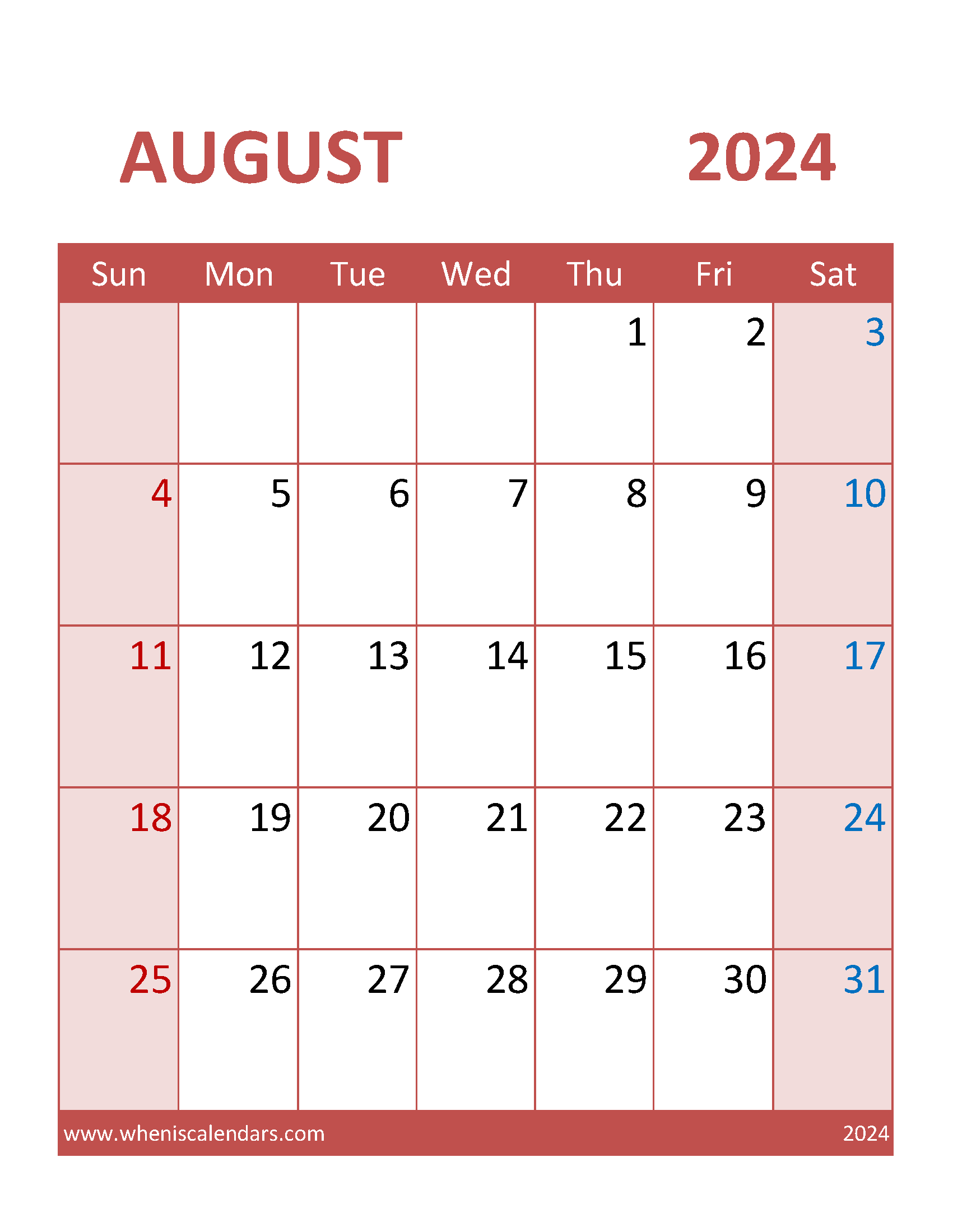 Free August 2024 Calendar editable Monthly Calendar