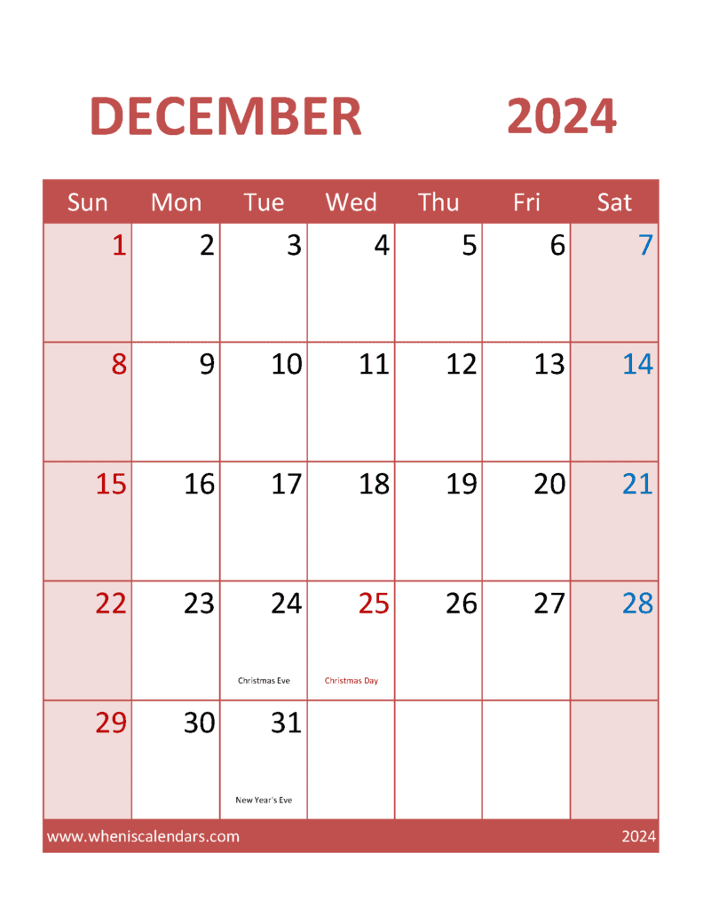 print Dec 2024 Calendar Monthly Calendar